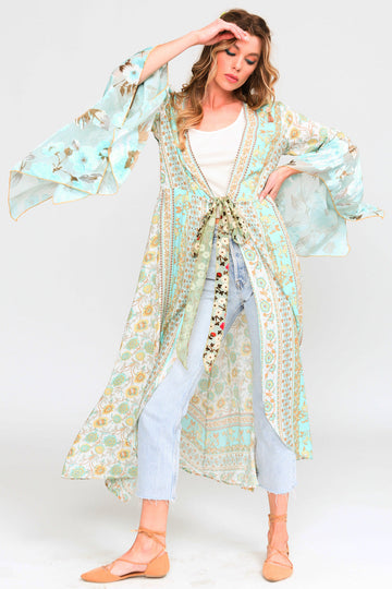 Turquoise embroidered Kimono